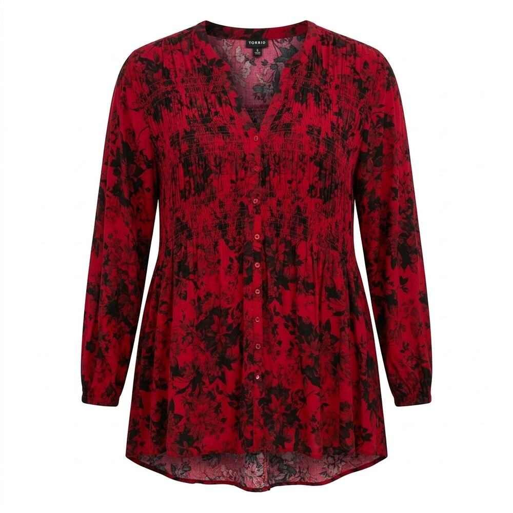 Torrid Red Black Floral Button Front High-Low Tunic Blouse Top Women Size 5